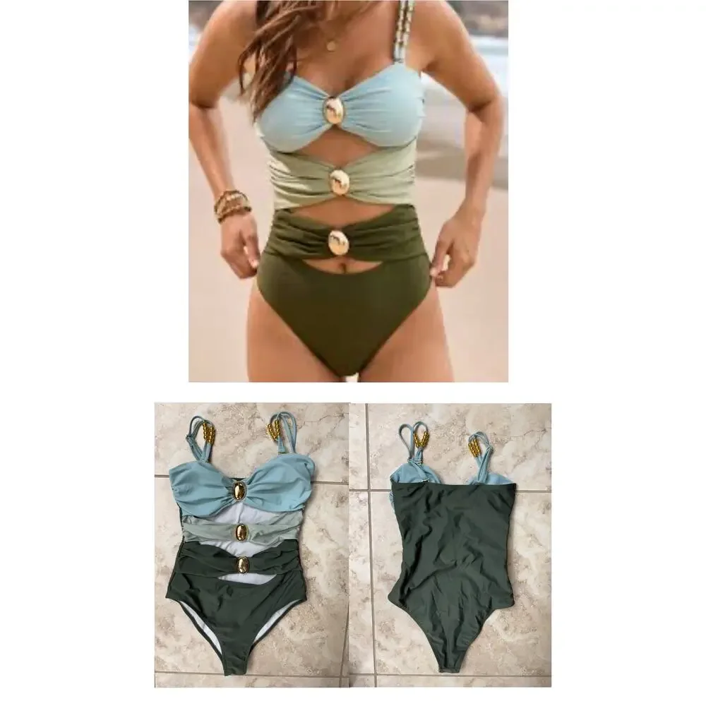 Amazon small NWOT green blue cut out stomach gold accents one piece - Picture 4 of 4